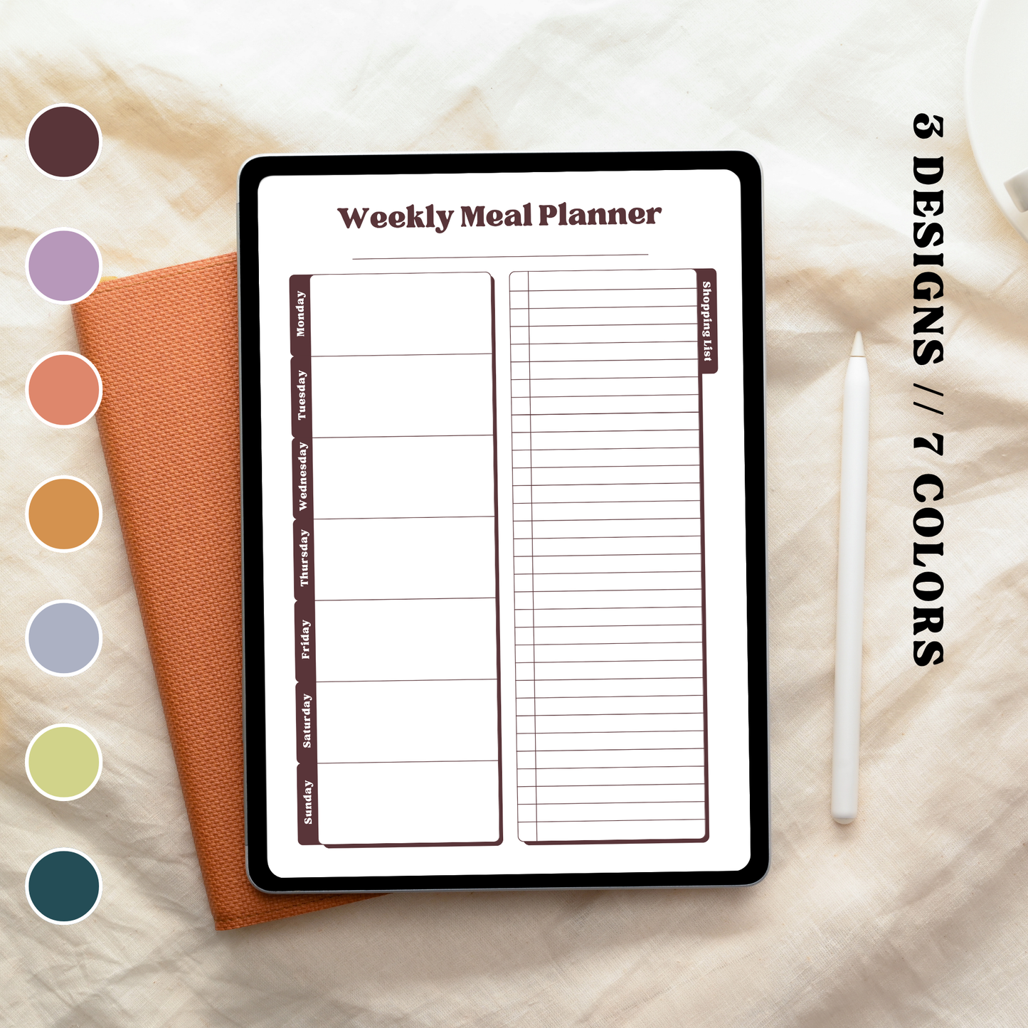 Meal Plan Templates // 3 Designs + 7 Colors