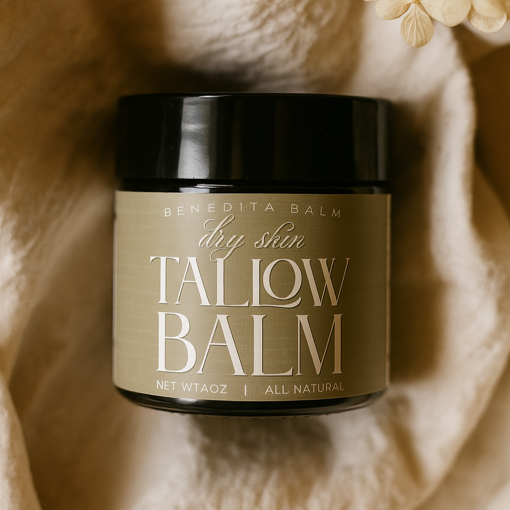 Tallow balm jar on a soft fabric background with flowers